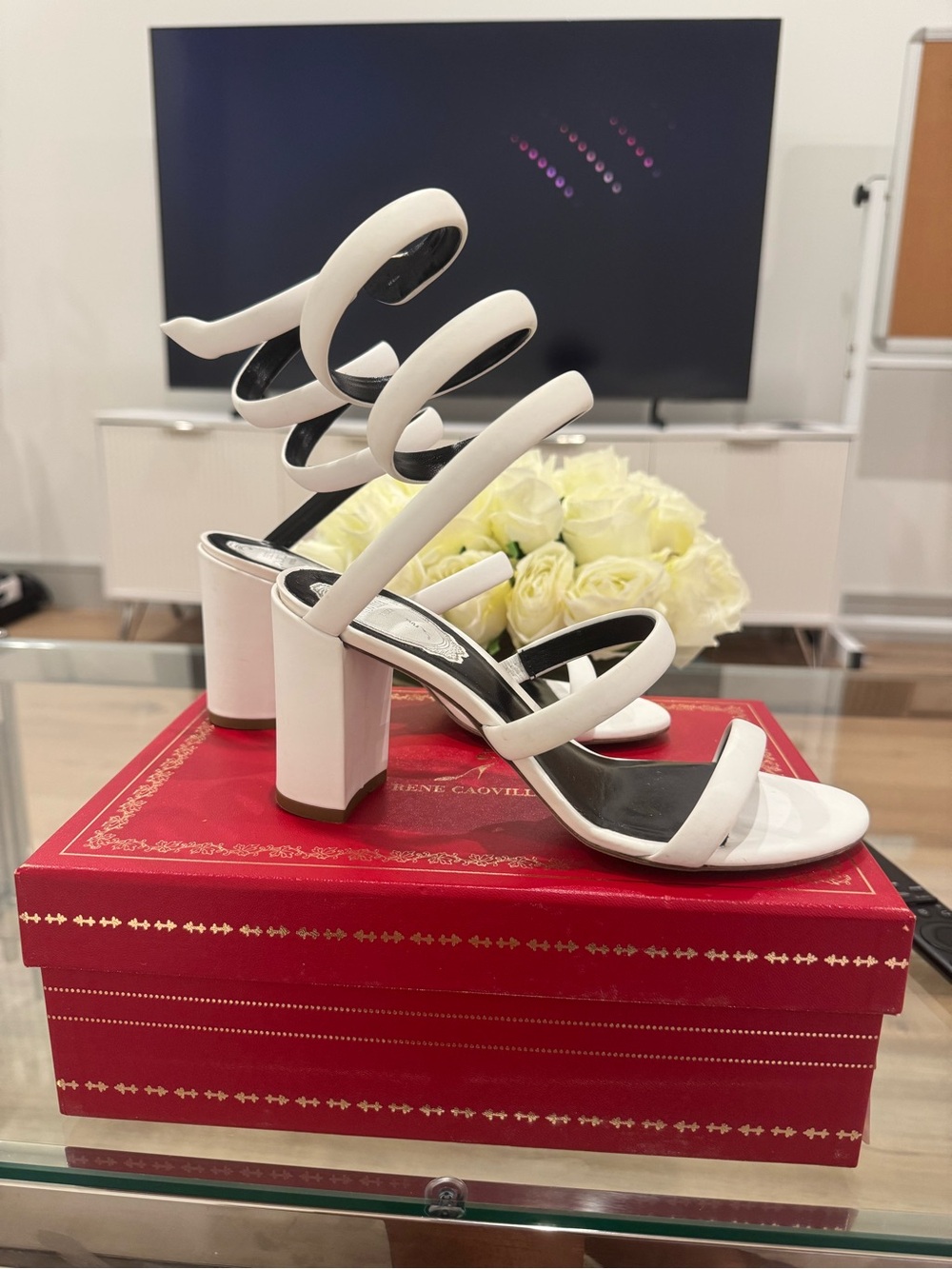 Rene Caovilla White Cleo Block Heel Sandals